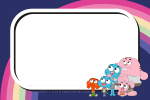 Família Watterson (Gumball), moldura retangular preta borda branca, fundo roxo escuro arco-íris.