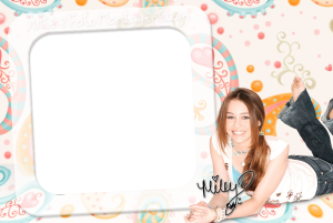 Miley Cyrus (Hannah Montana) deitada, autógrafo, moldura branca borda preta dividida, fundo psicodélico.