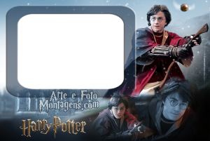 Harry Potter quadribol, varinha, logo, moldura retangular preta, cenário Hogwarts céu estrelado.