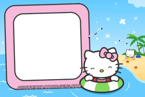 Hello Kitty praia, boia, gatinho areia, moldura retangular rosa claro borda rosa, cenário praia coqueiros.