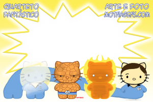 Hello Kittys Quarteto Fantástico, moldura amarela formato explosão, fundo amarelo raios.