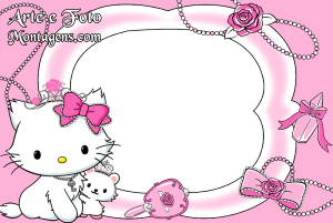 Hello Kitty princesa, coroa, ursinho, moldura preta formato 'B', borda rosa, decoração pérolas rosas, fundo rosa.