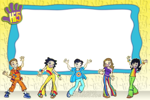Membros Hi-5 animados dançando, moldura azul irregular, fundo amarelo logo Hi5.