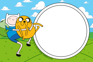 Finn carregando Jake (Hora de Aventura), moldura circular preta borda branca, fundo gramado céu.