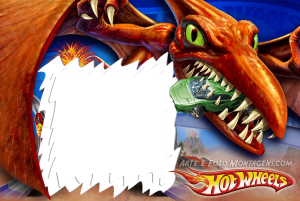 Pterodátilo Hot Wheels abocanhando carrinho, moldura branca bordas serrilhadas, logo Hot Wheels, vulcões.
