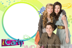 Carly, Sam, Freddie (iCarly), logo série, moldura circular degradê verde azul, fundo amarelo verde.