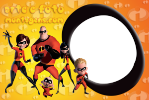 Família Incrível (Sr. Incrível, Mulher Elástica, Violeta, Flecha, Zezé), poses ação, moldura circular, fundo laranja amarelo símbolo Incríveis.