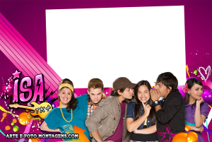 Elenco novela Isa TK+, logo série, moldura retangular branca inclinada, fundo pink elementos gráficos.
