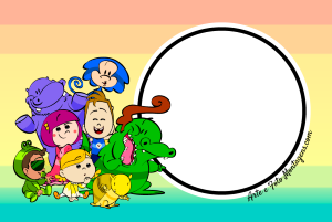 Jacarelvis e amigos (hipopótamo, personagens infantis), moldura circular preta borda branca, fundo arco-íris listrado.