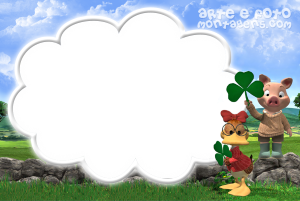 Pato e porco, trevos quatro folhas, moldura branca formato nuvem, fundo paisagem campo muro.