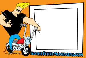 Johnny Bravo motocicleta vermelha, moldura retangular branca borda preta, fundo laranja.