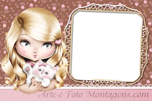 Boneca loira, gatinho branco, moldura bege borda ornamentada marrom dourada, fundo marrom floral renda.