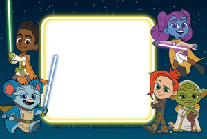 Jovens Jedi (Kai, Lys, Nubs), Mestre Yoda (Star Wars Aventuras Jovens Jedi), sabres luz, moldura quadrada branca borda amarela, fundo espaço estrelado.