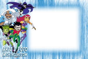 Jovens Titãs (Robin, Estelar, Ciborgue, Ravena, Mutano) correndo, moldura retangular branca cantos arredondados, fundo azul texturizado.