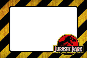 Moldura preta bordas amarelas pretas aviso perigo, logo Jurassic Park, recorte amarelo.