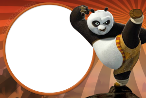 Panda Po (Kung Fu Panda), pose luta, moldura circular laranja borda preta, fundo raios sol.