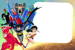 Liga da Justiça animada (Superman, Batman, Mulher Maravilha, Flash, etc.), voando, moldura branca irregular.