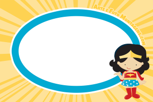 Mulher Maravilha chibi, moldura oval branca borda azul, fundo amarelo raios sol.