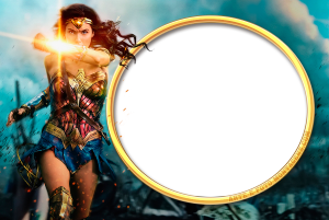 Mulher Maravilha Gal Gadot, pose batalha, moldura circular branca borda dourada, fundo batalha.