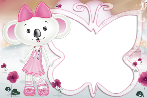 Coala Lilica Ripilica, vestido rosa, moldura rosa formato borboleta, fundo rosa branco flores.