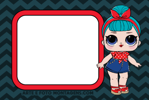 Boneca LOL Surprise estilo pin-up, moldura retangular borda vermelha, fundo azul escuro chevron.