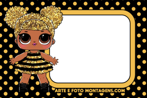 Boneca LOL Surprise abelha, cabelo dourado, moldura retangular borda amarela, fundo preto poá dourado.