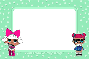 Duas bonecas LOL Surprise (laço pink, óculos), moldura verde clara formato 'T', fundo verde poá.
