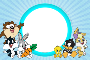 Looney Tunes bebês (Taz, Frajola, Pernalonga, Piu-Piu, Patolino, Lola), moldura circular borda azul brilhante, fundo azul raios.