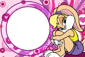 Coelha Lola Bunny sentada, moldura circular lilás borda roxa, fundo rosa corações círculos.