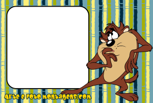 Taz-Mania pensativo, moldura cantos arredondados, fundo listrado azul amarelo.