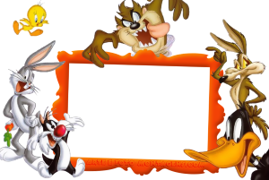 Looney Tunes clássicos (Pernalonga, Frajola, Piu-Piu, Taz, Coiote, Patolino), moldura laranja irregular.