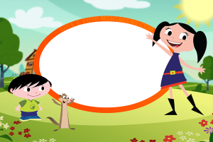 Luna, Júpiter, Cláudio furão câmera (Show da Luna!), moldura oval branca borda laranja, fundo parque flores sol.