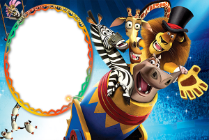 Alex, Marty, Melman, Glória, Pinguins Madagascar, canhão circo, moldura circular borda laranja amarela, fundo circo.