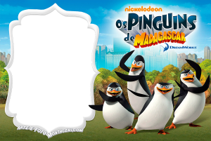 Pinguins Madagascar (Capitão, Kowalski, Rico, Recruta), logo série, moldura preta borda branca ornamentada, fundo parque.