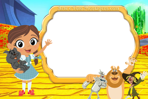 Dorothy, Espantalho, Homem Lata, Leão (Mágico Oz animado), moldura preta borda dourada clássica, fundo Cidade Esmeraldas.