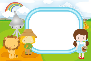 Personagens Mágico de Oz chibi, estrada tijolos amarelos, moldura azul clara cápsula, arco-íris.