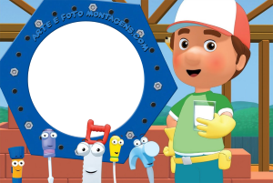 Manny Mãos à Obra, ferramentas falantes, moldura azul formato porca, fundo construção.