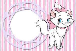 Gata Marie Aristogatas, moldura lilás formato espelho ornamentado, fundo listrado rosa branco.