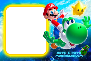 Mario montado Yoshi, Super Estrela, moldura amarela cantos arredondados, fundo espaço sideral.