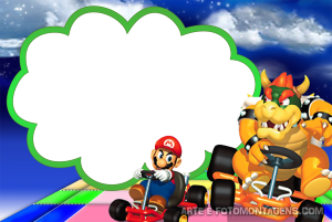 Mario e Bowser Mario Kart, moldura verde formato nuvem, fundo pista Rainbow Road.