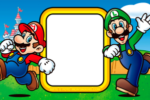 Mario e Luigi correndo, castelo Peach, moldura amarela borda preta, cenário Super Mario.