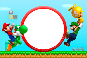 Mario, Yoshi, Toad, Luigi, Paratroopa (Super Mario Bros.), moldura circular branca borda vermelha.