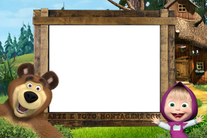 Masha e Urso, frente casa madeira, moldura madeira rústica.