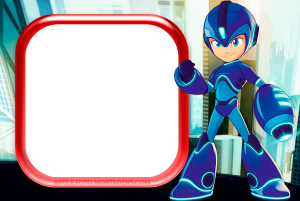 Megaman armadura azul, pose ação, moldura branca cantos arredondados borda vermelha, fundo cidade futurista.
