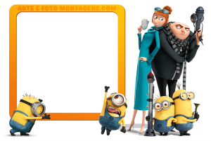 Gru, Lucy, Agnes, Edith, Margo, Minions (Meu Malvado Favorito), moldura laranja formato 'L'.
