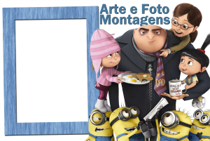 Gru, Agnes, Edith, Margo, Minions (Meu Malvado Favorito), moldura azul textura água.