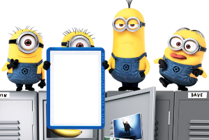 Quatro Minions (Kevin, Stuart, Bob, Dave), armários escolares, Minion segurando moldura azul.
