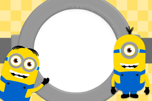 Dois Minions chibi sorrindo, moldura cinza formato porca, fundo quadriculado amarelo.