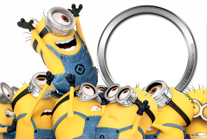 Multidão Minions festejando, moldura circular preta borda prateada.