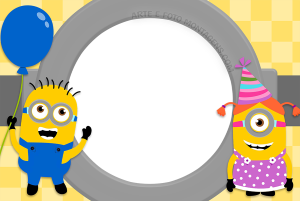 Dois Minions chibi, um balão, outro chapéu festa, moldura cinza formato porca, fundo quadriculado amarelo.